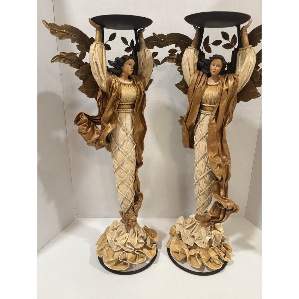 Vintage Intricate Angel Candle Holders Gold Cream Resin Fabric Hollywood Regency